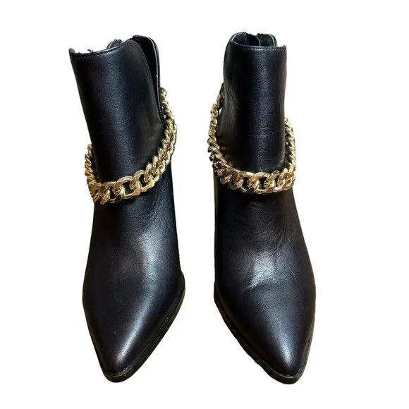Steve Madden Tranquil Ankle Leather Boots Black Gold Chain Accent Women's Sz 6 M