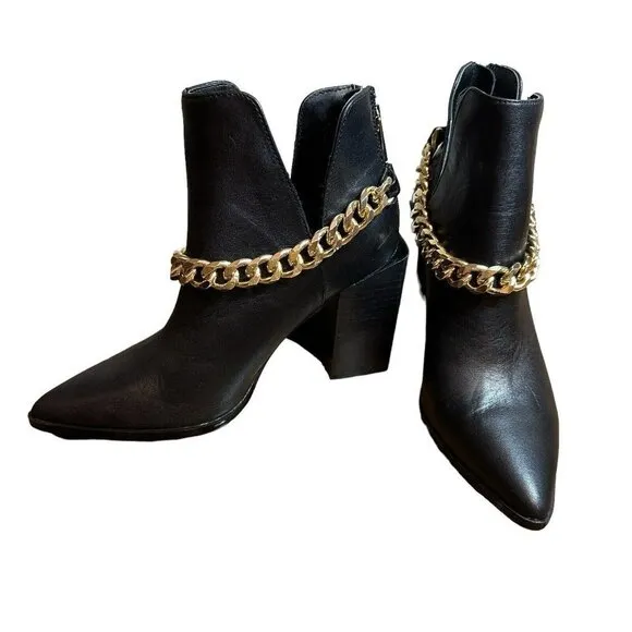 Steve Madden Tranquil Ankle Leather Boots Black Gold Chain Accent Women's Sz 6 M