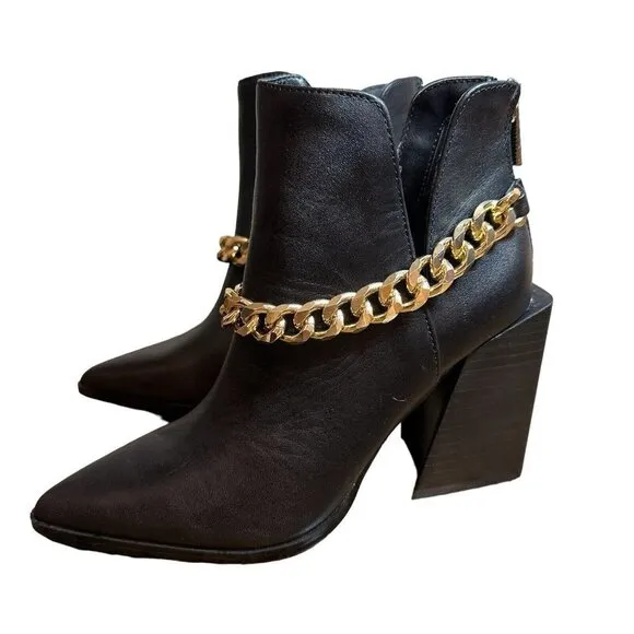 Steve Madden Tranquil Ankle Leather Boots Black Gold Chain Accent Women's Sz 6 M