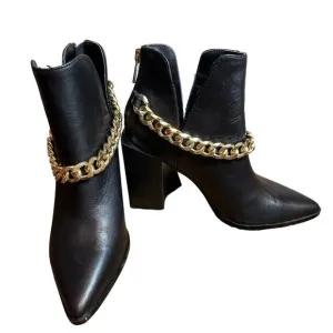 Steve Madden Tranquil Ankle Leather Boots Black Gold Chain Accent Women's Sz 6 M