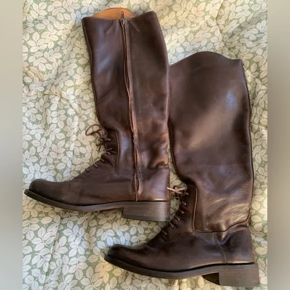 STEVEN by Steve Madden Brown Leather Trooper BOOTS 7.5 Knee-high Zipper Lace-up