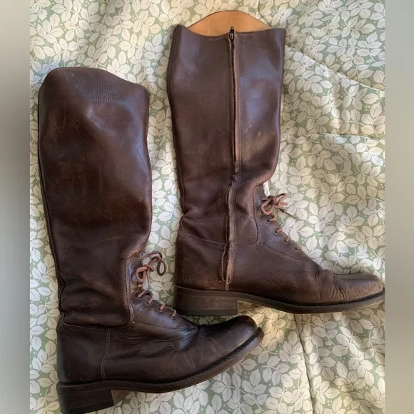 STEVEN by Steve Madden Brown Leather Trooper BOOTS 7.5 Knee-high Zipper Lace-up