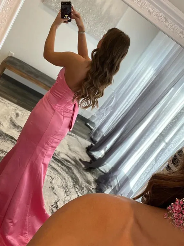 Strapless Sexy Hot Pink V-neck Side-slit Mermaid Long Prom Dress, PD3486