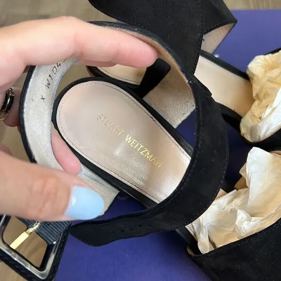 Stuart Weitzman $435 Savvy Side Buckle Black Nubuck Sandals Women’s 8.5
