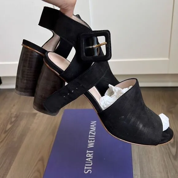 Stuart Weitzman $435 Savvy Side Buckle Black Nubuck Sandals Women’s 8.5