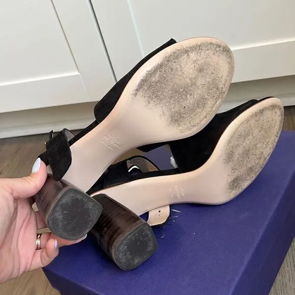 Stuart Weitzman $435 Savvy Side Buckle Black Nubuck Sandals Women’s 8.5