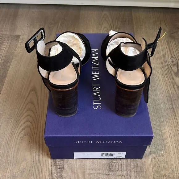 Stuart Weitzman $435 Savvy Side Buckle Black Nubuck Sandals Women’s 8.5