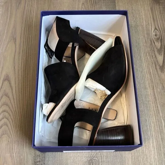Stuart Weitzman $435 Savvy Side Buckle Black Nubuck Sandals Women’s 8.5
