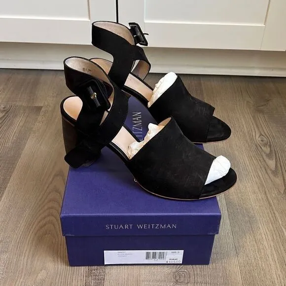 Stuart Weitzman $435 Savvy Side Buckle Black Nubuck Sandals Women’s 8.5