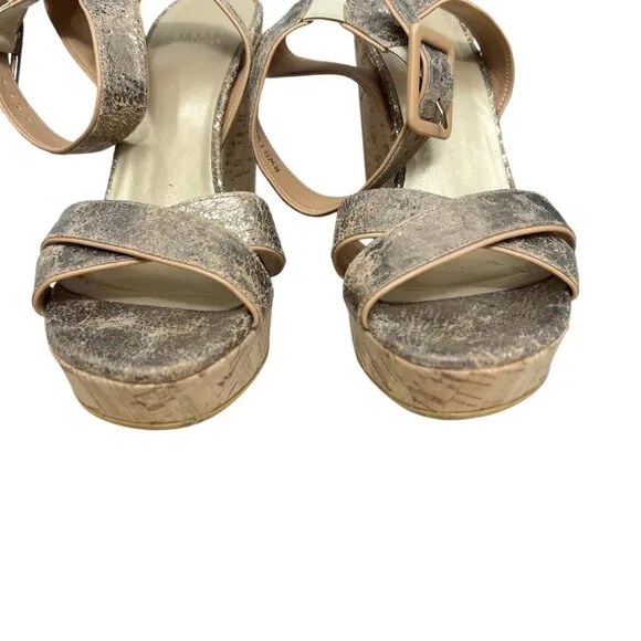Stuart Weitzman Annex Penny Cracked Leather Wedge Sandals Shoes women's size 8.5