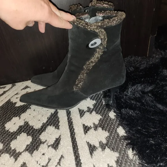 Stuart Weitzman Black Heeled Boots with Decorative Trim