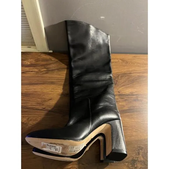 Stuart Weitzman LUCINDA Black Leather Fold Over the Knee High Boots 37.5 / US 7M