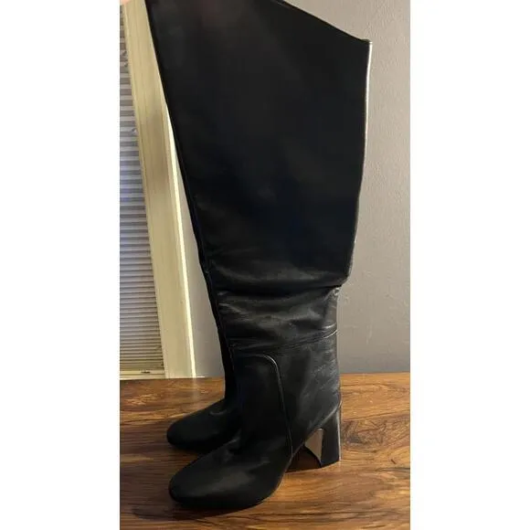 Stuart Weitzman LUCINDA Black Leather Fold Over the Knee High Boots 37.5 / US 7M
