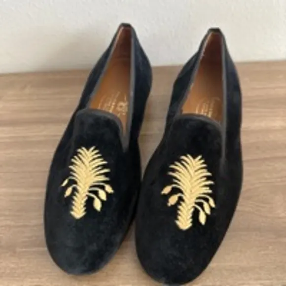 Stubbs &amp; Wootton Loafers Black velvet with Gold Embroidery Palm tree