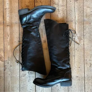 Sundance Lace Up Back Black Leather Tall Knee High Riding Boots Size40 US9-9.5