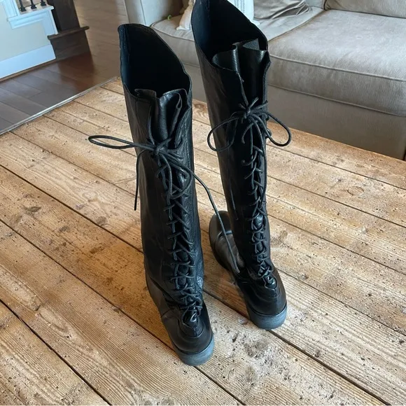Sundance Lace Up Back Black Leather Tall Knee High Riding Boots Size40 US9-9.5