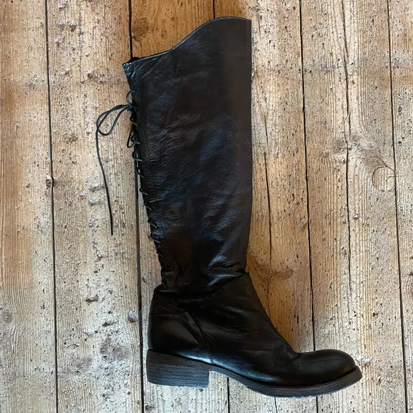 Sundance Lace Up Back Black Leather Tall Knee High Riding Boots Size40 US9-9.5