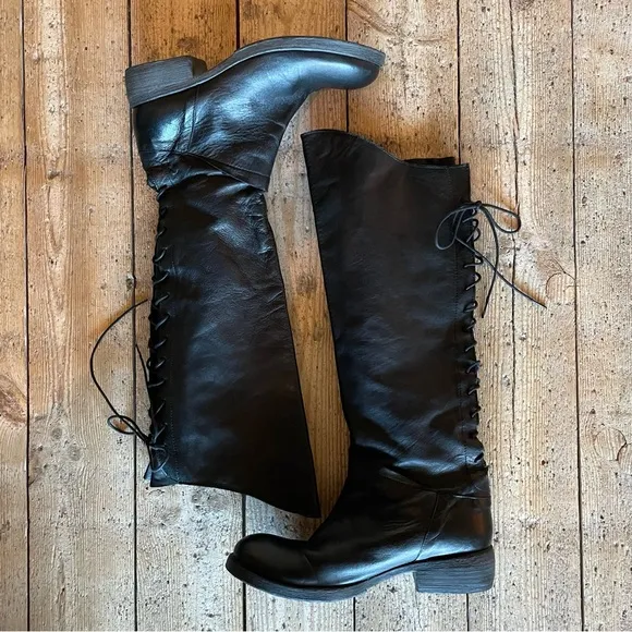 Sundance Lace Up Back Black Leather Tall Knee High Riding Boots Size40 US9-9.5