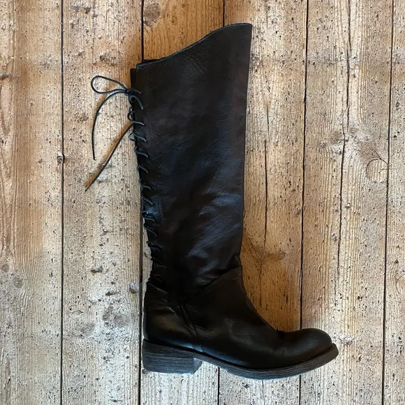 Sundance Lace Up Back Black Leather Tall Knee High Riding Boots Size40 US9-9.5