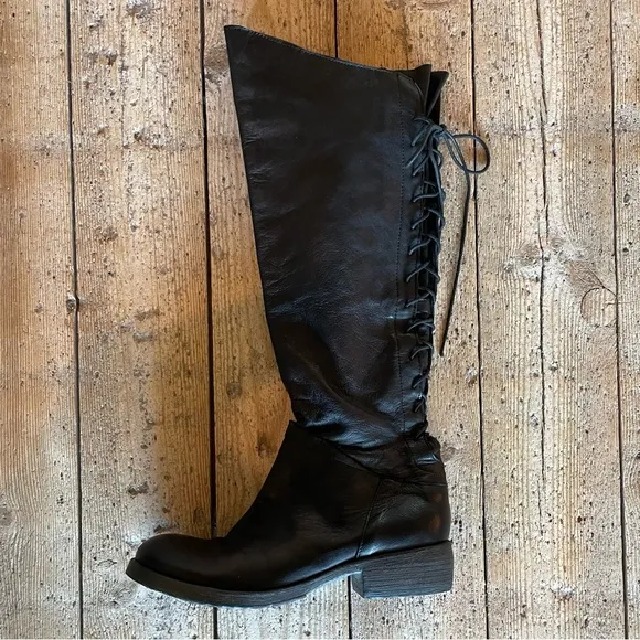 Sundance Lace Up Back Black Leather Tall Knee High Riding Boots Size40 US9-9.5