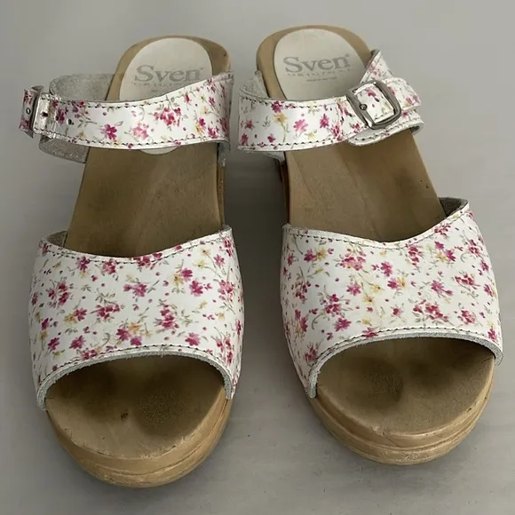 Sven Made In Sweden Leather Floral Print Wooden Clog Sandals Size 38 / US 7