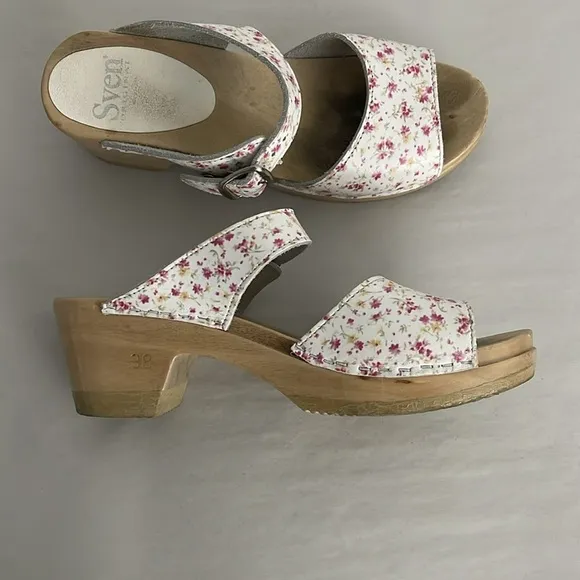 Sven Made In Sweden Leather Floral Print Wooden Clog Sandals Size 38 / US 7