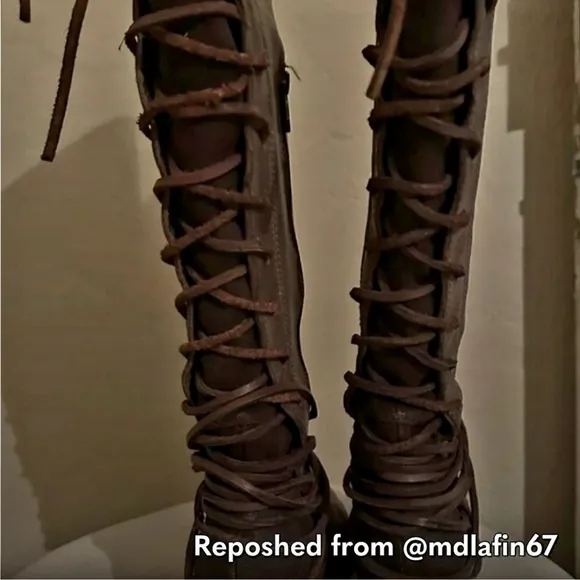 Sz 8 Freebird COAL Tall Knee High Lace Grey /Brown Leather Boots. Item # 21475