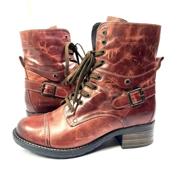 Taos Leather Boots Ankle Lace Up Buckle Accent Brown Womens 9.5 Combat Style‎
