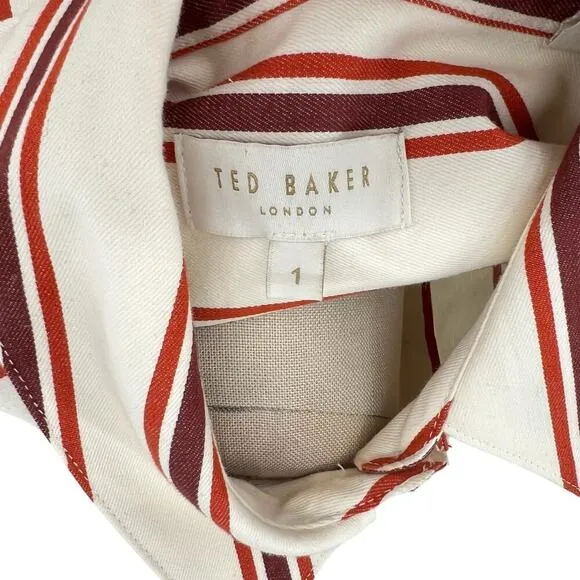 Ted Baker Kaate Shirt Dress With Waist Tie Cream Red Stripe Size 1 US 4