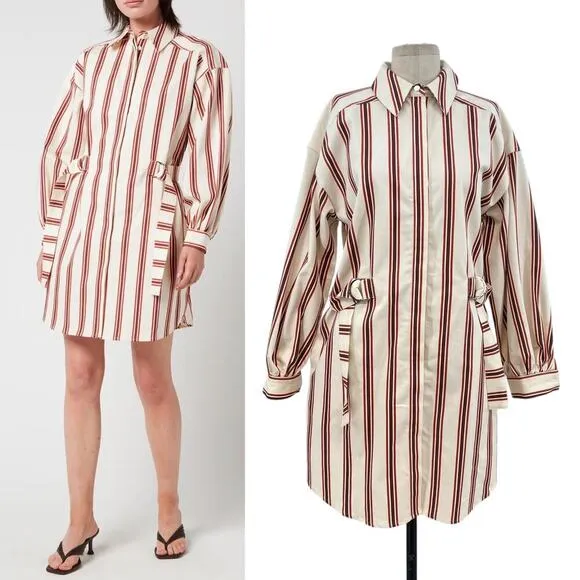 Ted Baker Kaate Shirt Dress With Waist Tie Cream Red Stripe Size 1 US 4