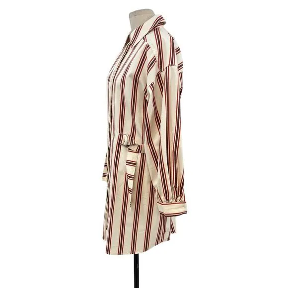 Ted Baker Kaate Shirt Dress With Waist Tie Cream Red Stripe Size 1 US 4