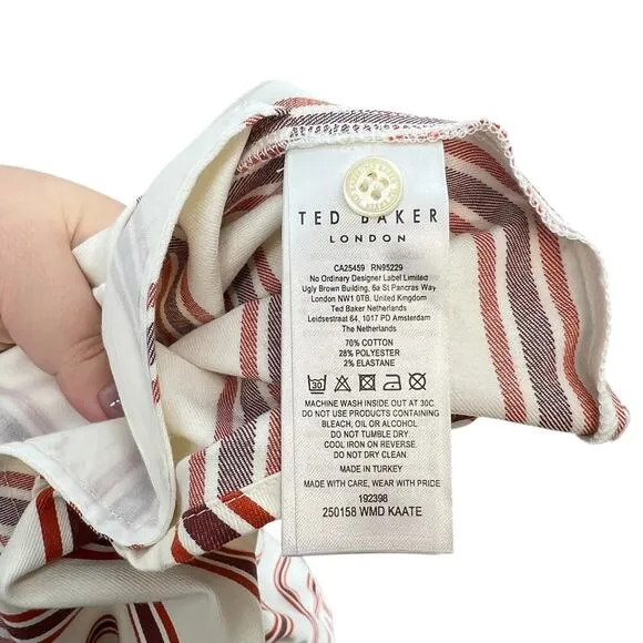 Ted Baker Kaate Shirt Dress With Waist Tie Cream Red Stripe Size 1 US 4