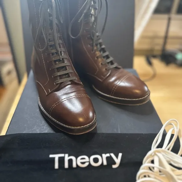 Theory Laced Satin Leather Boots – Dark Brown (Size 36)