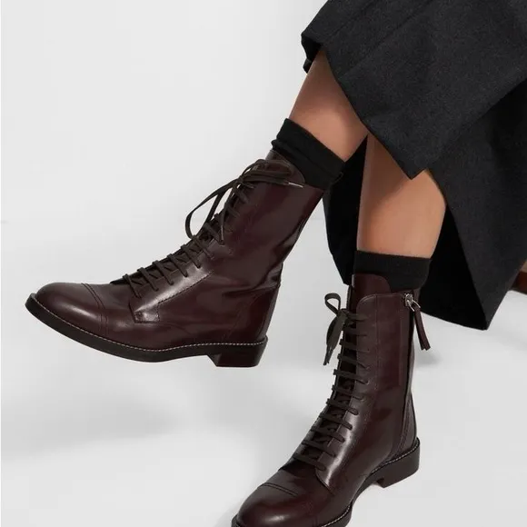 Theory Laced Satin Leather Boots – Dark Brown (Size 36)