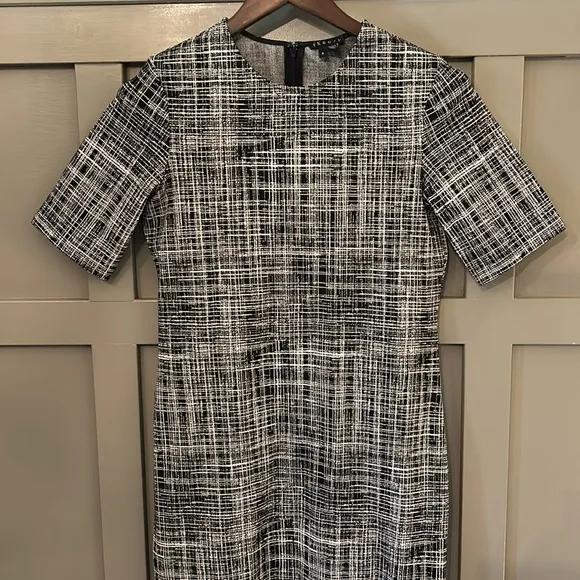 Theory Rijik B Grid Stretch Knit Sheath Dress Black White Career Office Size 8