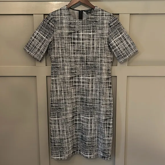 Theory Rijik B Grid Stretch Knit Sheath Dress Black White Career Office Size 8