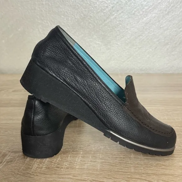 Thierry Rabotin Women's 37 US 6.5  Black and Brown Leather Wedge Loafers