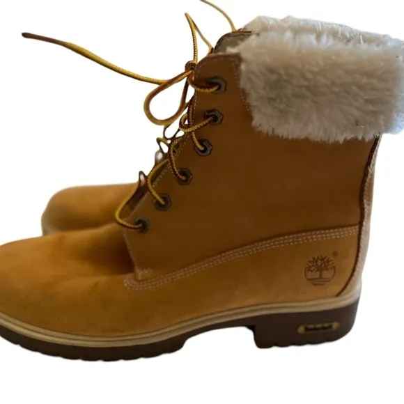 Timberland Leather Glitter Fur Tan Brown Boots Size 8 Women's Lace Up Casual