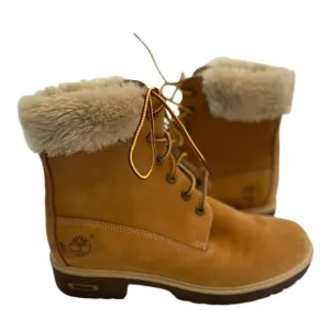 Timberland Leather Glitter Fur Tan Brown Boots Size 8 Women's Lace Up Casual
