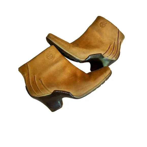 Timberland Women’s Clog Booties Tan Wooden Zipper Open 10M
