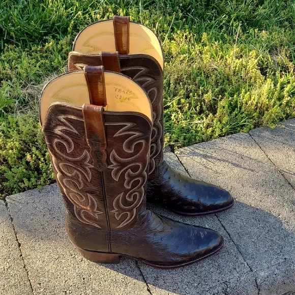 T.O. Stanley Full Quill Ostrich Cowboy Boots Mens 9D Chocolate Round Toe Western
