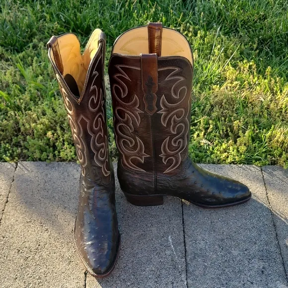 T.O. Stanley Full Quill Ostrich Cowboy Boots Mens 9D Chocolate Round Toe Western