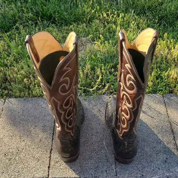 T.O. Stanley Full Quill Ostrich Cowboy Boots Mens 9D Chocolate Round Toe Western