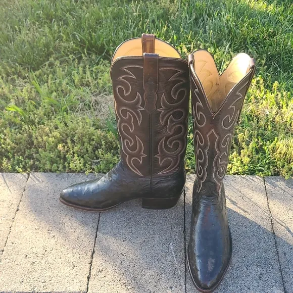 T.O. Stanley Full Quill Ostrich Cowboy Boots Mens 9D Chocolate Round Toe Western