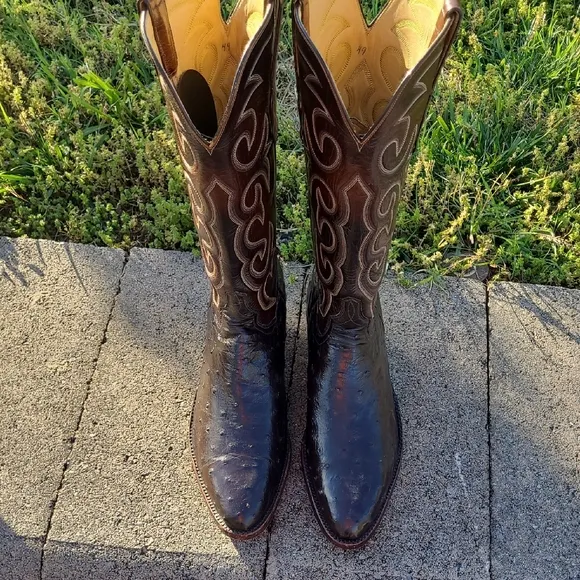 T.O. Stanley Full Quill Ostrich Cowboy Boots Mens 9D Chocolate Round Toe Western