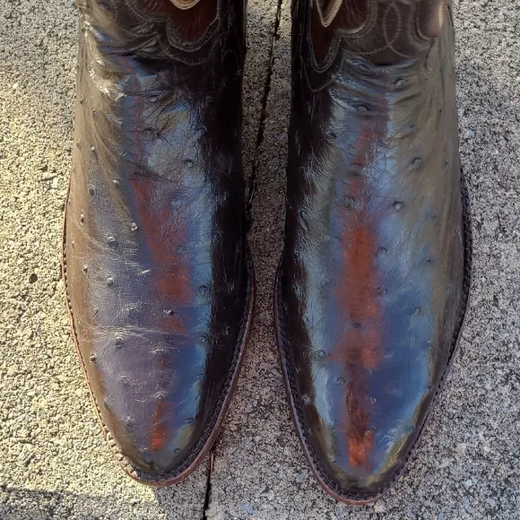 T.O. Stanley Full Quill Ostrich Cowboy Boots Mens 9D Chocolate Round Toe Western