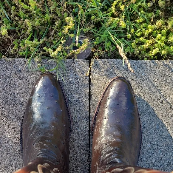 T.O. Stanley Full Quill Ostrich Cowboy Boots Mens 9D Chocolate Round Toe Western