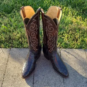 T.O. Stanley Full Quill Ostrich Cowboy Boots Mens 9D Chocolate Round Toe Western