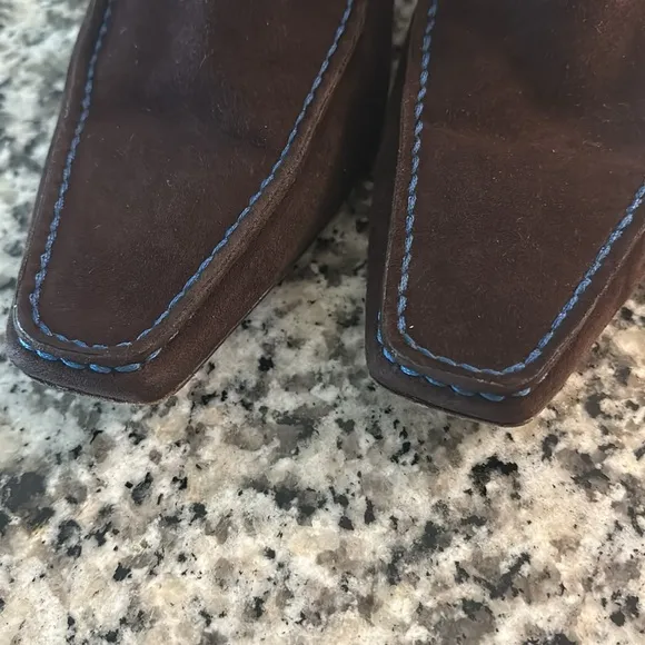 Tod’s Brown Leather Ankle Boots with Blue Stitching, Size 7.5 - Made in Italy