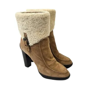 Tods Sherpa Sheepskin Suede Beige Y2K Chunky Heel Ankle Boots